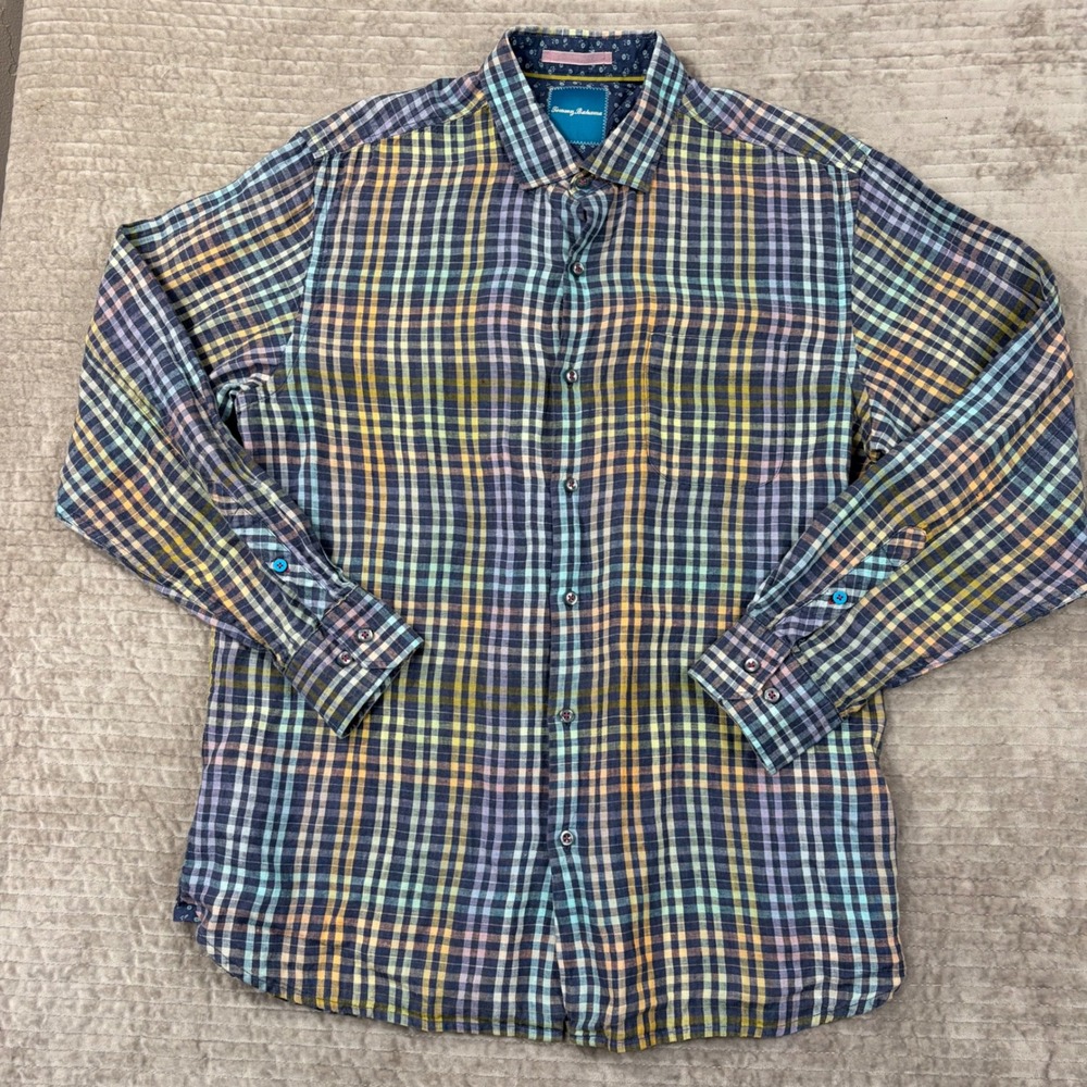 Tommy Bahama Large 100% Linen Plaid Button Down Shirt Multi Color Long Sleeve